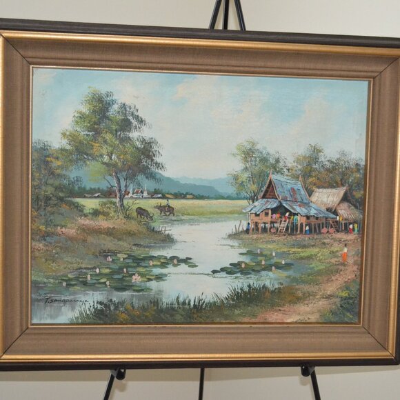 VINTAGE CHINESE SCENERY HOUSES AND BOATS OIL ON CANVAS PAINTING SIGNED BY...